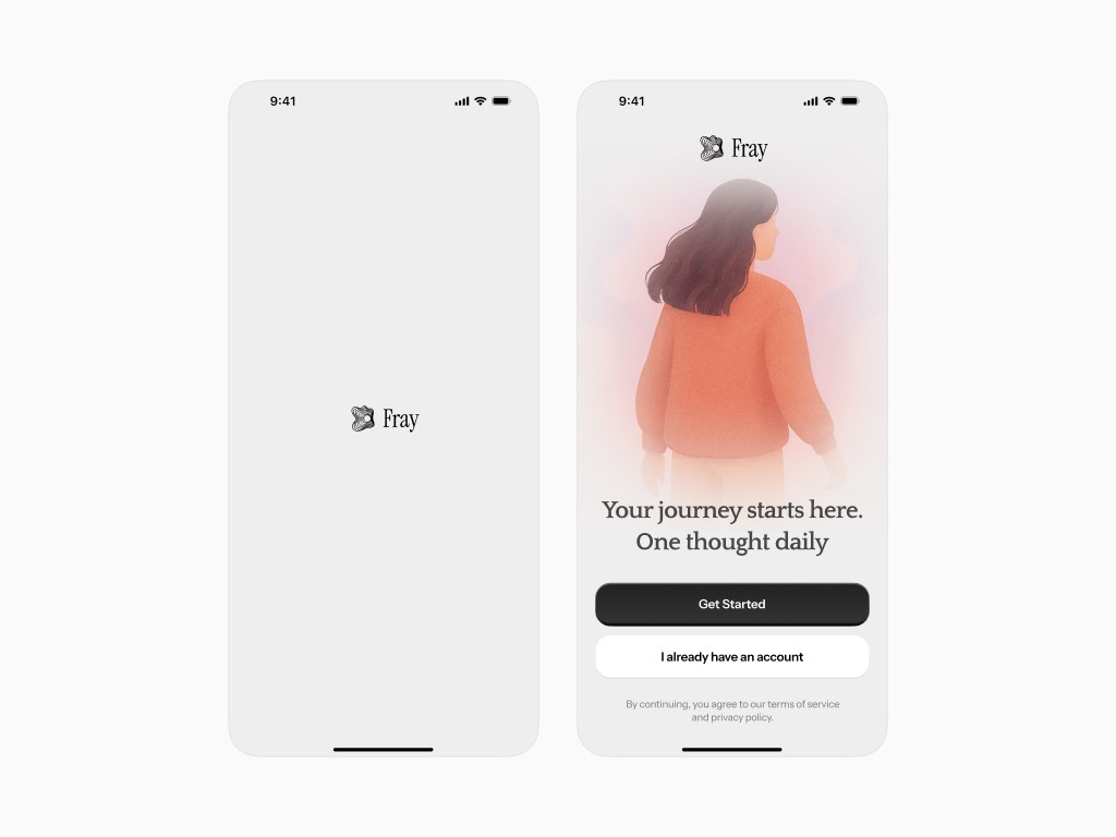 Fray mobile mental-health app onboarding screens with illustrated welcome artwork