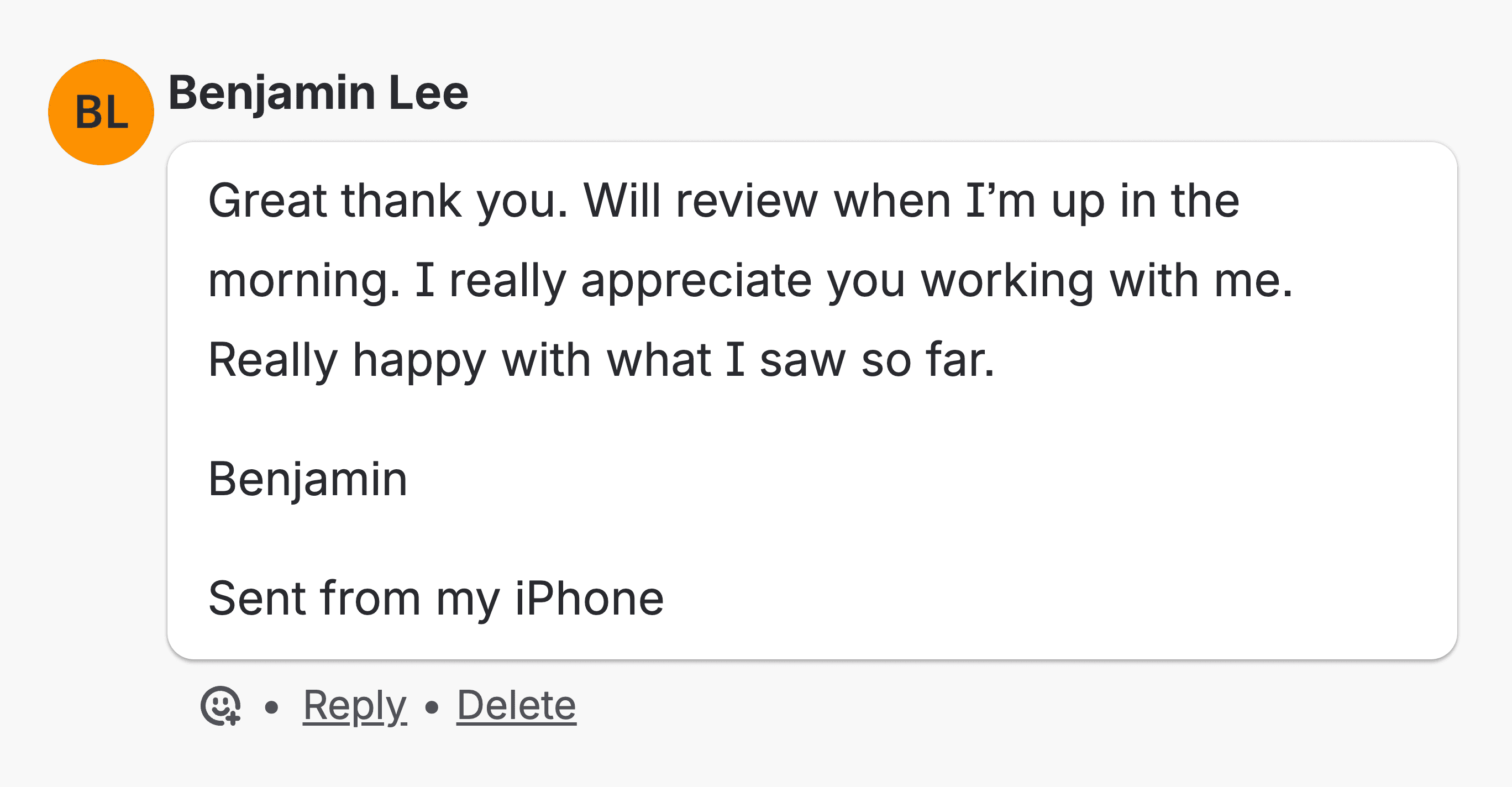 Benjamin Lee: Great thank you. I really appreciate you working with me. Really happy with what I saw so far.